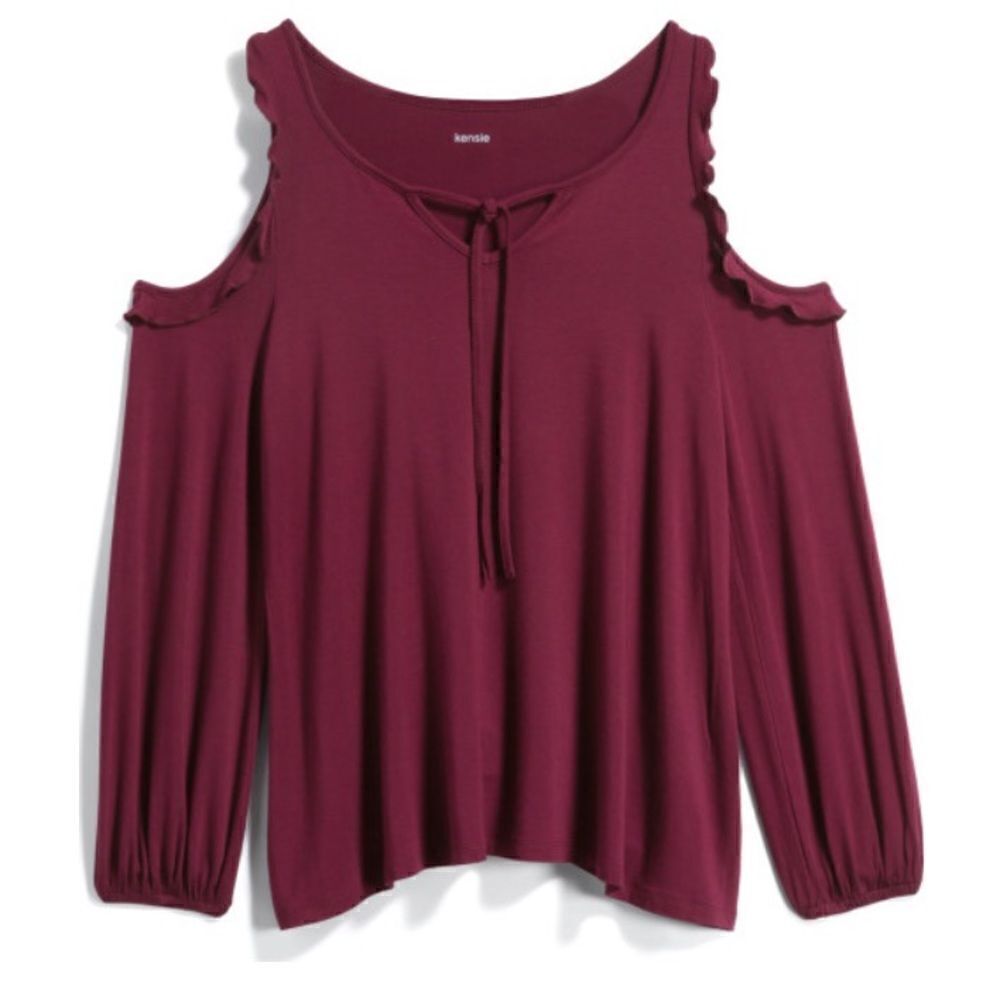 Kensie Burgundy Cold Shoulder Top XL Tie Neck Boho Flowy Long Sleeve